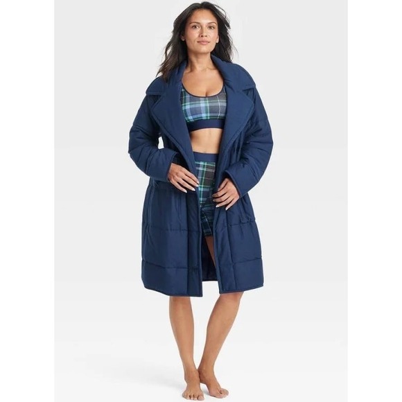 NEW Auden Women's Navy Blue Soft Jersey Short Quilted‎ Belted Bathrobe, Size M/L - Picture 1 of 9